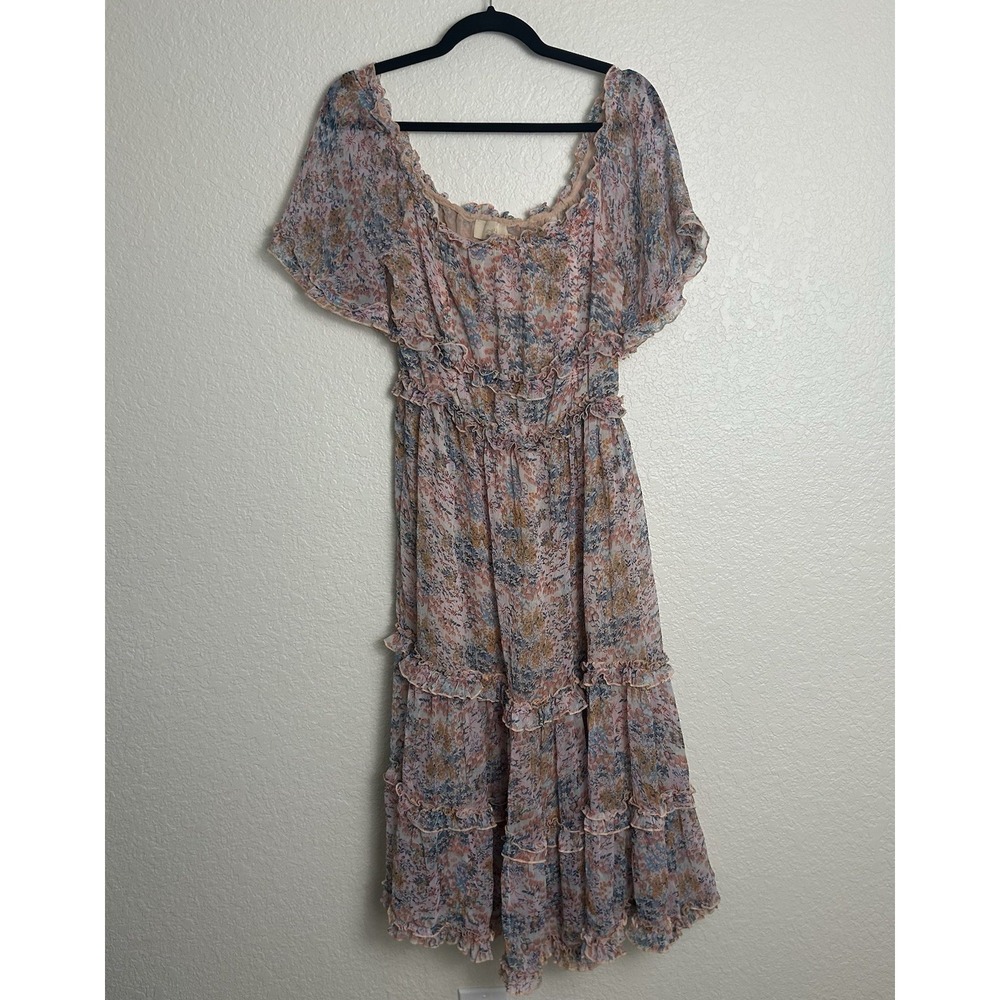 Love The Label Anthropologie Waterlily Floral Midi Dress Sz M Tiered Ruffle